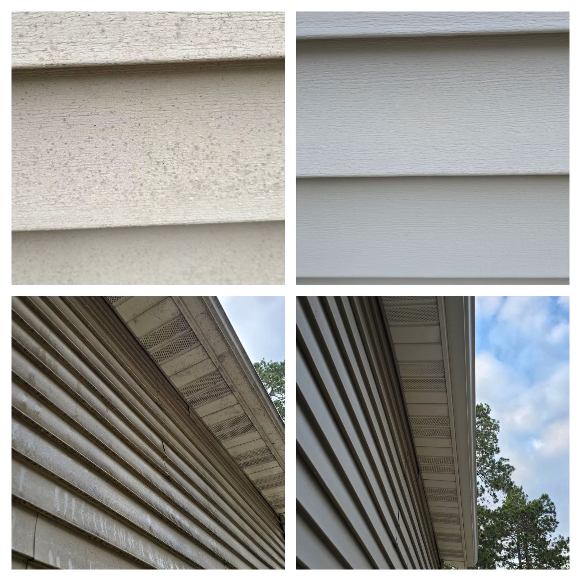 Close-up before and after of soft-washed siding and soffits
