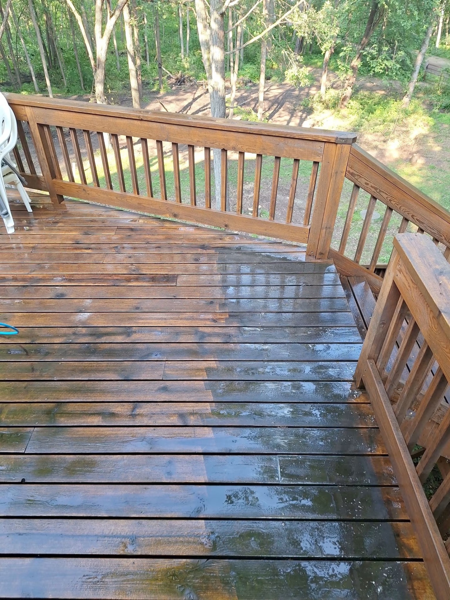 Wood deck freshly cleaned, boards dark and rich