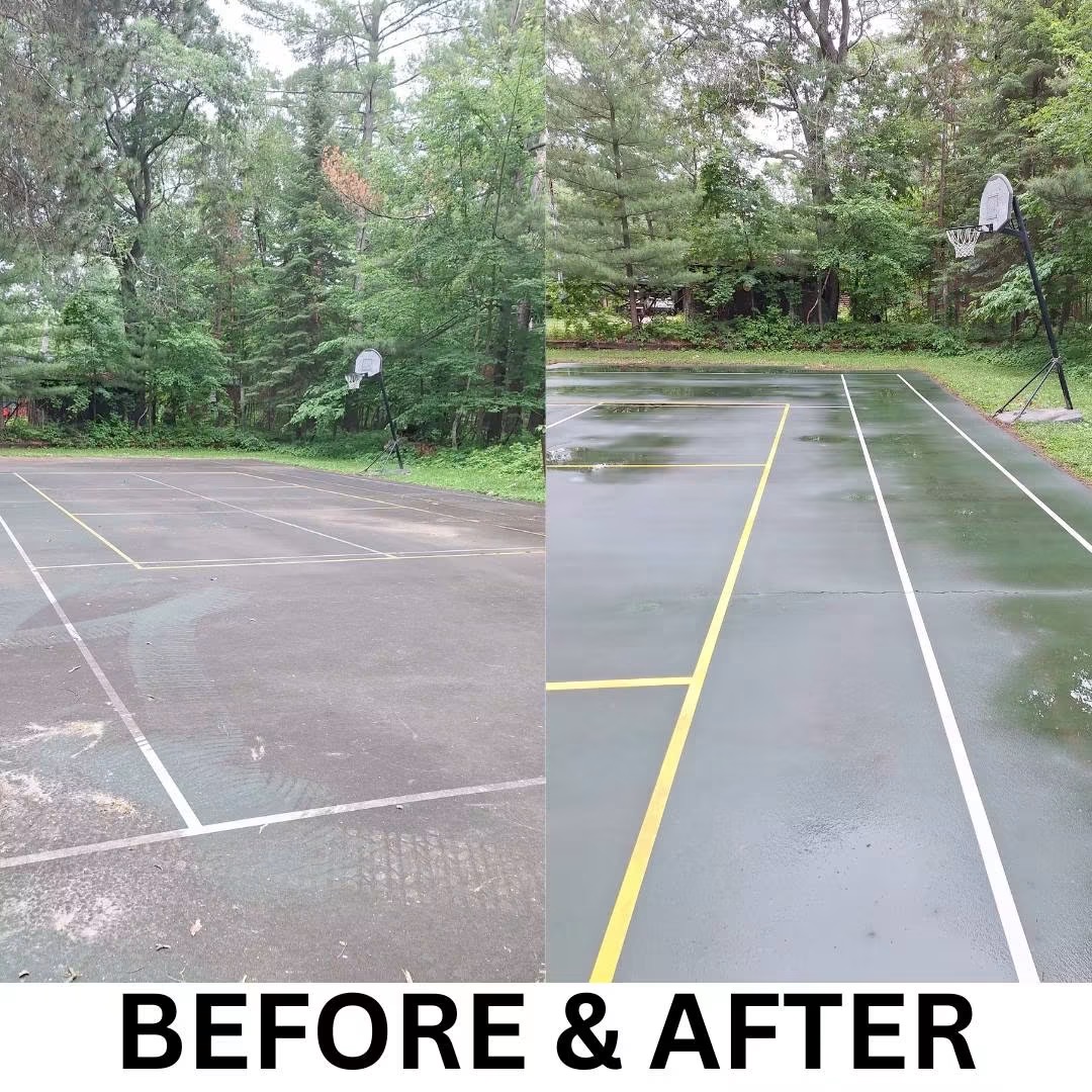 Sport court before and after — pressure washed and re-lined