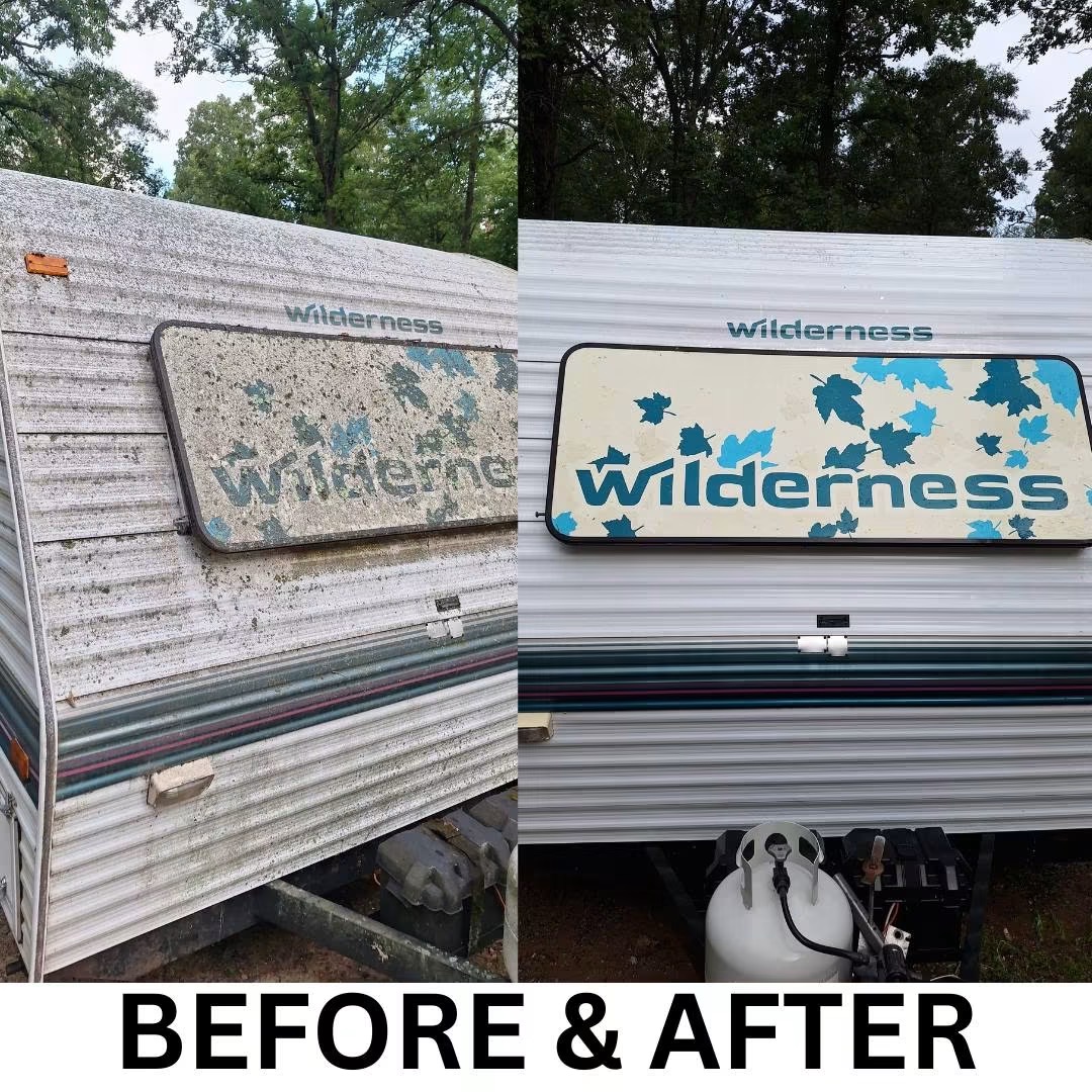 Camper before and after — grime lifted off the exterior